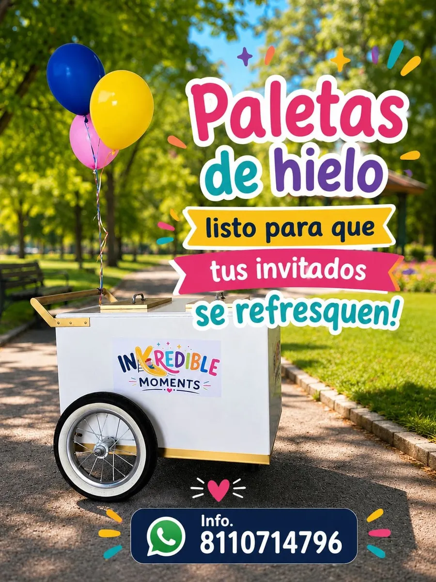 Carrito paletero blanco con globos, renta de carrito de paletas de hielo