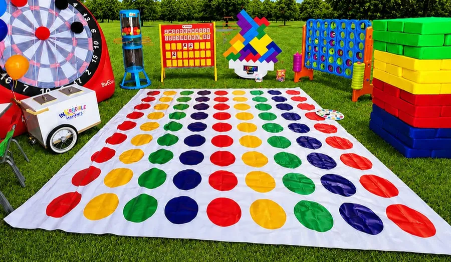 Twister gigante en lona sobre pasto, renta de juegos para fiestas en Apodaca
